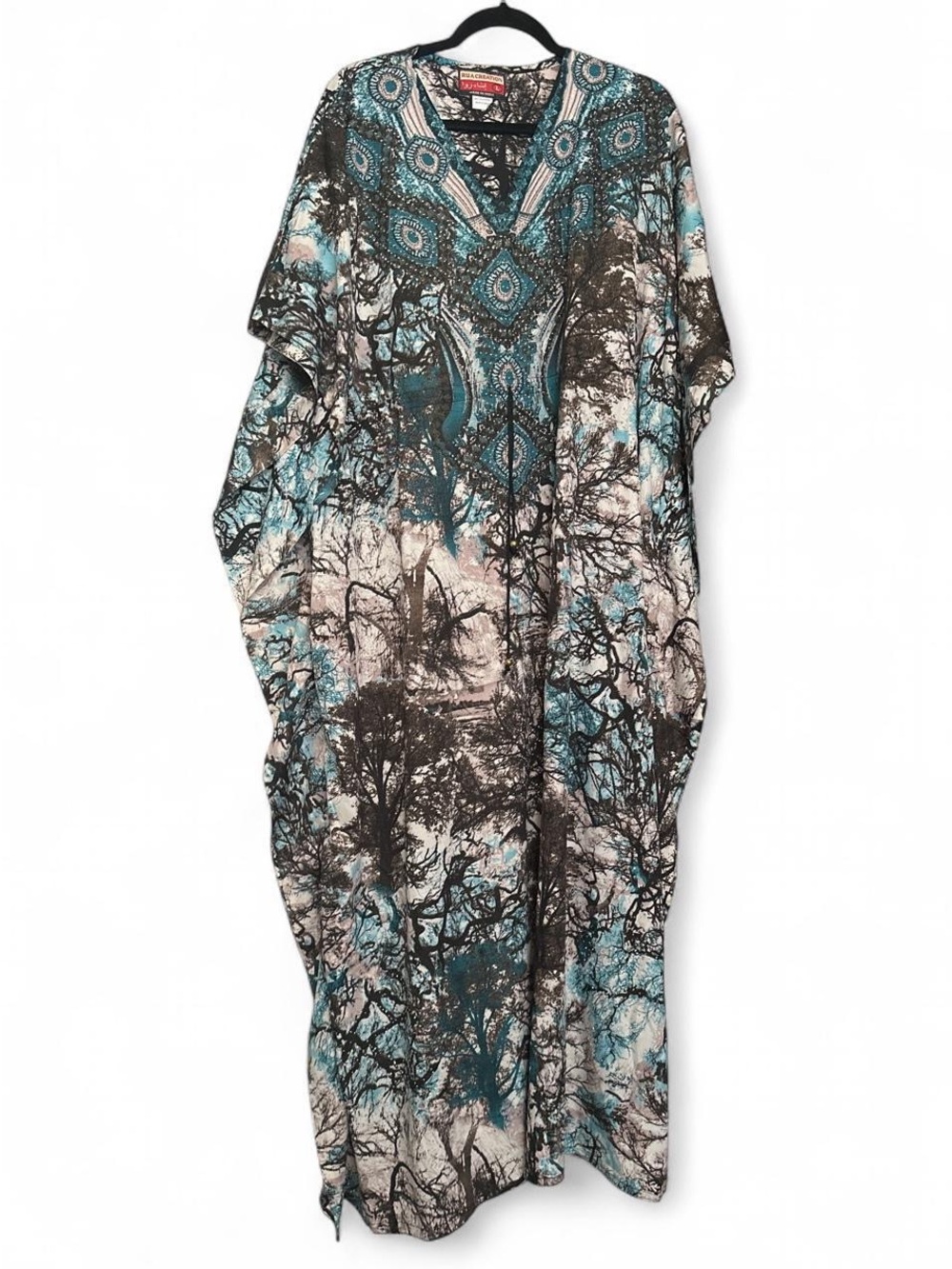 Teal and Black Printed Caftan Dress Large
